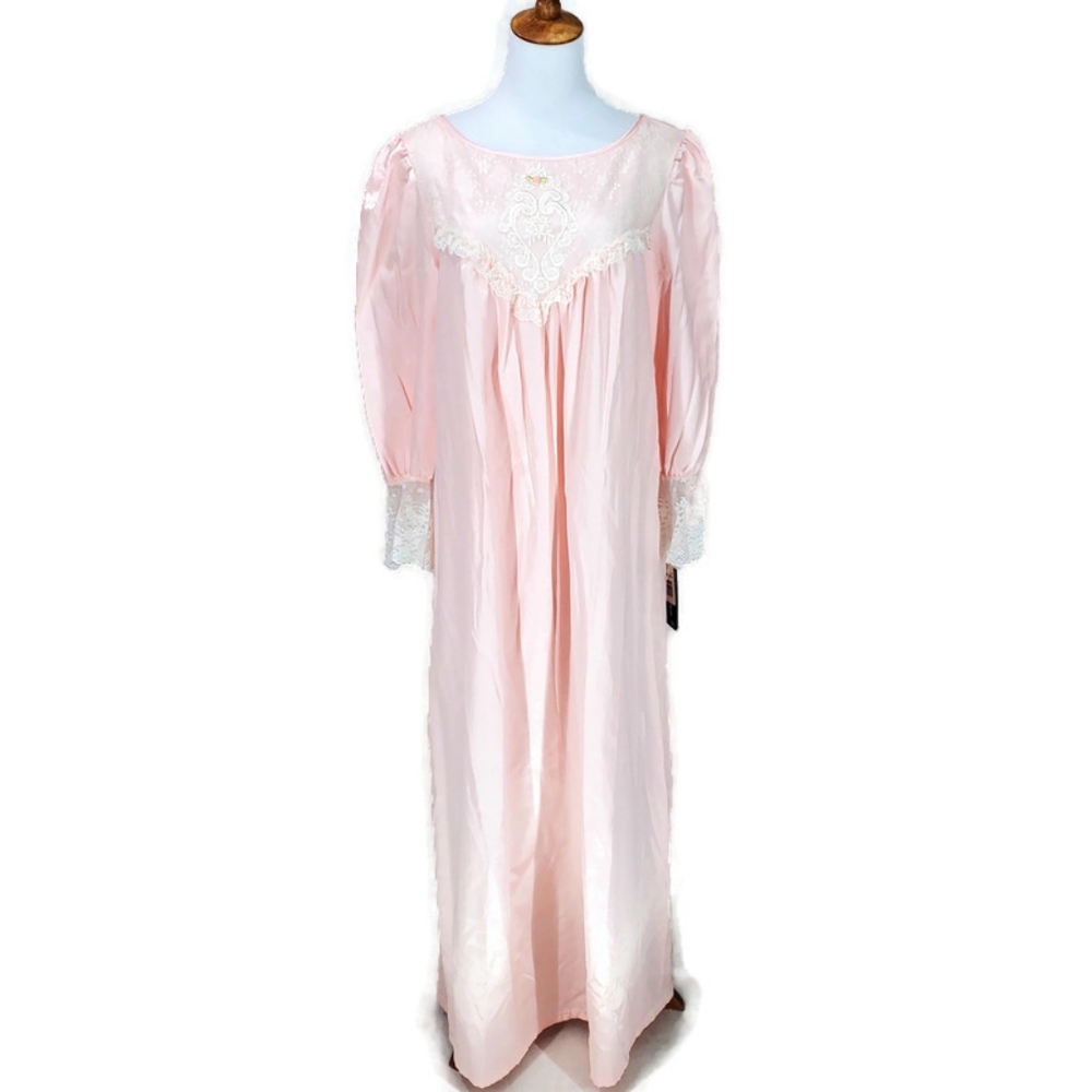 Vintage Lucie Ann II Made in the USA Satin Flannel Lined Lace Nightgown SZ M NWT